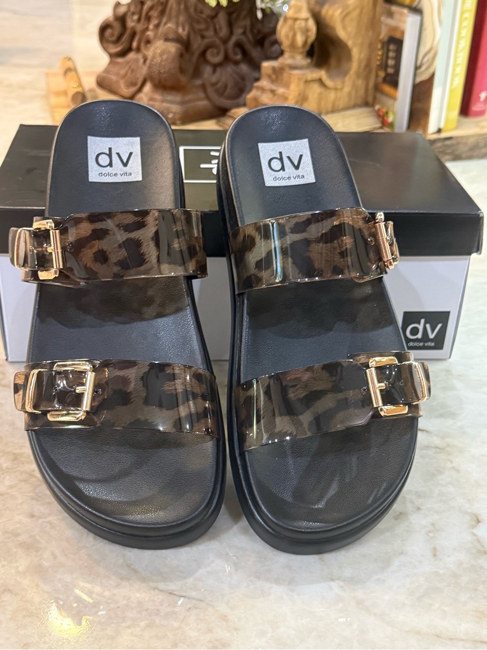Dolce Vita Leopard Print Slide Sandals with Gold Buckles